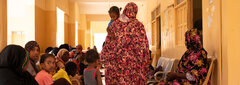 Port Sudan, Sudan, People gathering in the waiting area in IOM supported clinic in Port Sudan. The clinic provides free of charge essential health care services and medicines for displaced people and vulnerable families. It also offers referral system and supports with ambulances for emergencies in the displacement sites.  