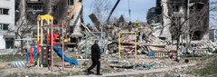 Borodyanka, Kyivska Oblast, Ukraine, A man walks close to an apartment building destroyed during air strikes that hit Borodyanka in the first weeks of the war. The destruction left hundreds of families homeless in this town, on the outskirts of Ukraine's capital, Kyiv. 