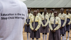 Bor South County, Jonglei State, South Sudan, Students of poetry and drama club read poems about the ending of GBV and child marriage at Saint Andreas High School.