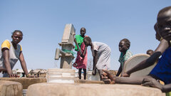 Rubkona County, Unity State, Displaced people collect water from a water point funded by the Central Emergency Response Fund in Kuermandoke area in the Bentiu IDP site B in Rubkona County.