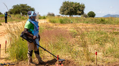 Juba County, Central Equatoria State, South Sudan, A mine action team checking for an area for safety from land mines and UXOs at Gorom refugee camp.